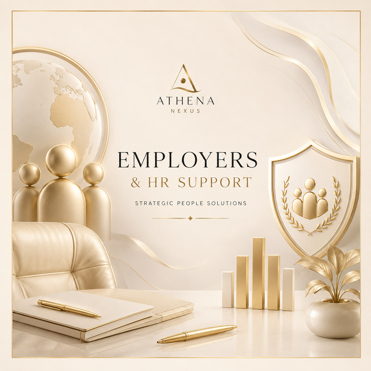 Decorative promotional graphic for Athena Nexus featuring a gold and cream color scheme, with a globe, abstract human figures, bar graph, shield emblem, and office accessories.