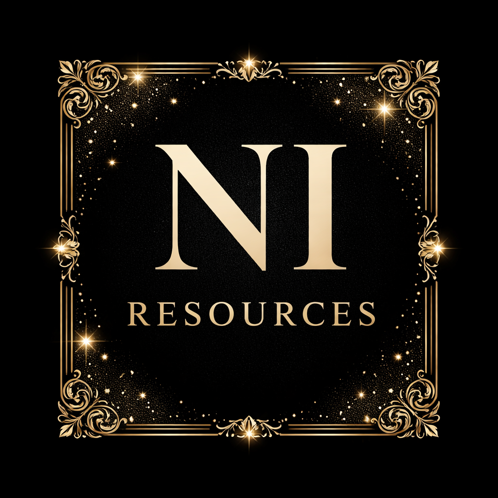 Golden ornate border around the text 'NI Resources' on a black background with gold sparkles and stars.