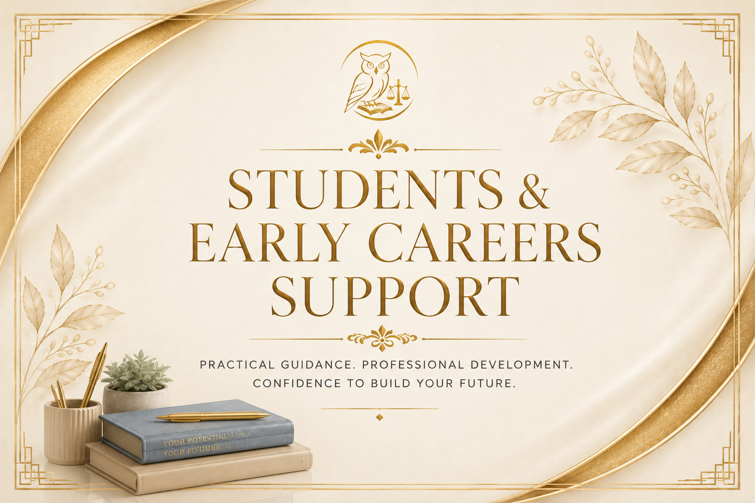 A decorative poster with gold accents and floral designs promoting support for students and early careers, featuring a small stack of books, a potted plant, and gold pens.