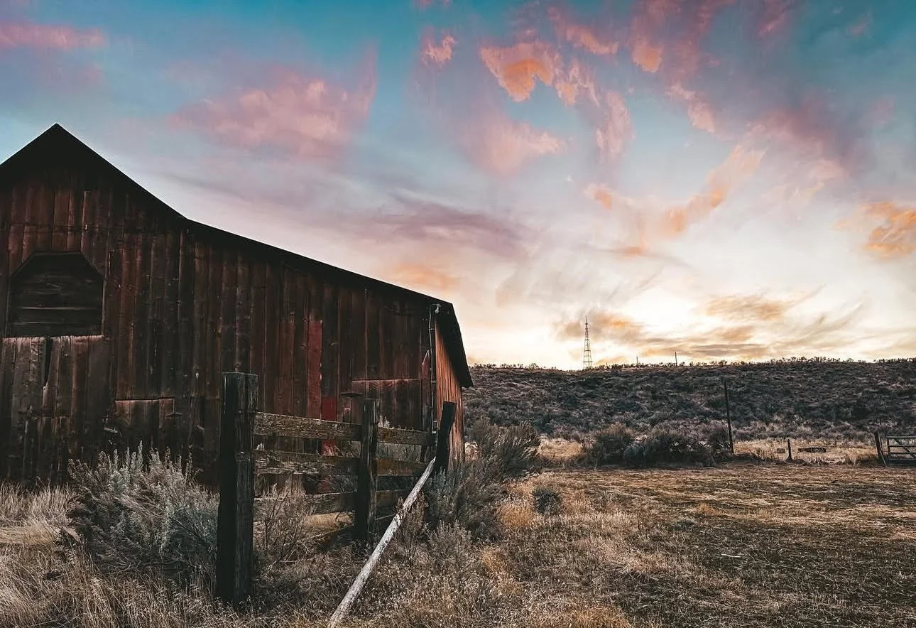 A rustic, weathered wooden barn in an open countryside landscape during sunset, with a partly cloudy sky and sparse vegetation.