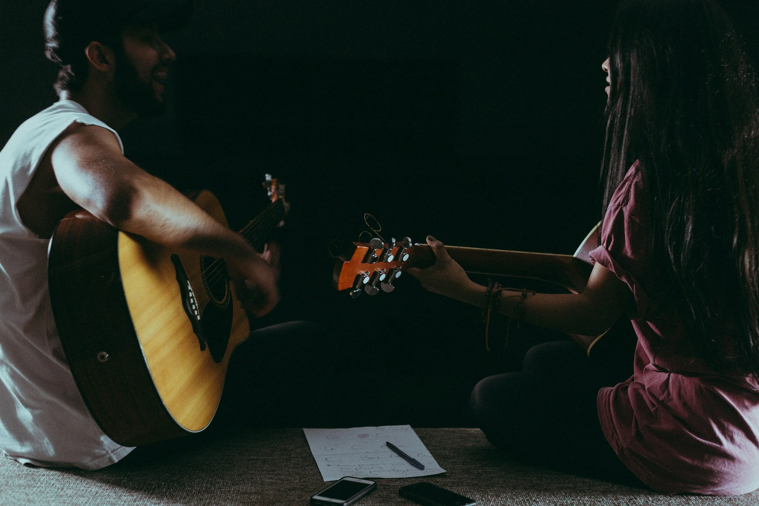 Songwriter reviewing original music and lyrics during the song evaluation process.