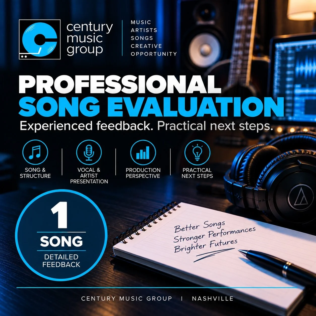 Century Music Group professional 1-song evaluation with experienced feedback and practical next steps.
