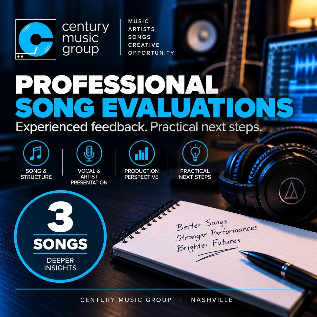 Century Music Group professional 3-song evaluation with experienced feedback and practical next steps.