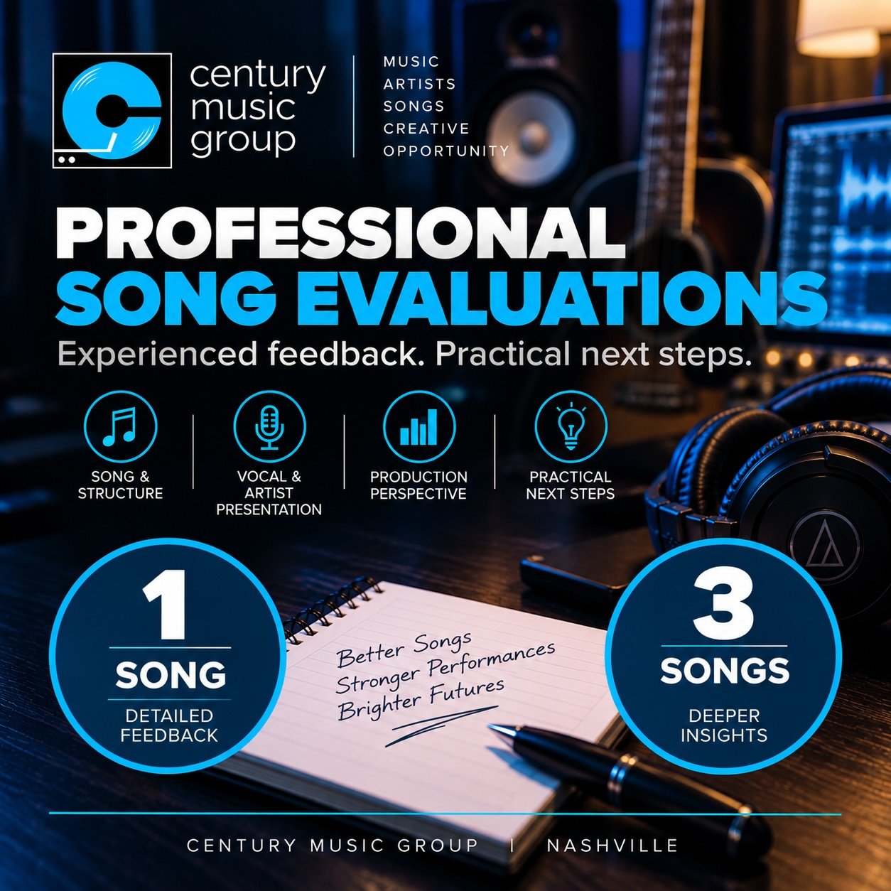 Century Music Group professional 1-song and 3-song evaluation options with detailed feedback and practical next steps.