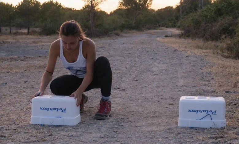 Photo of the set up in the field experiment examining the thermal properties of surfaces present in the study area. The cool boxes contain nightjar-mimicking models used to estimate heat exchange rates.