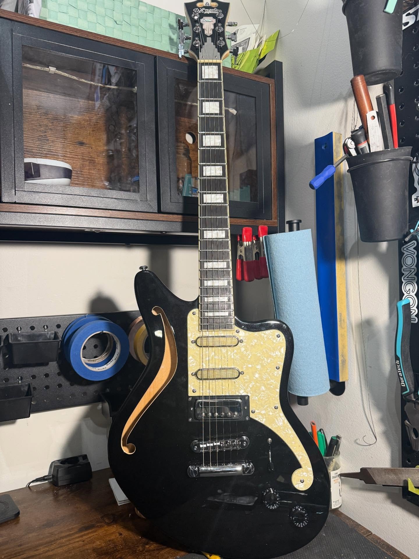 Got to pull the Tele pickups out of this @reverendguitars and replace them with some @lollarpickups super strat. The body allowed for the larger pickups but the pickguard did not so I filled the screw holes and re routed for Strat size. Hit me up for