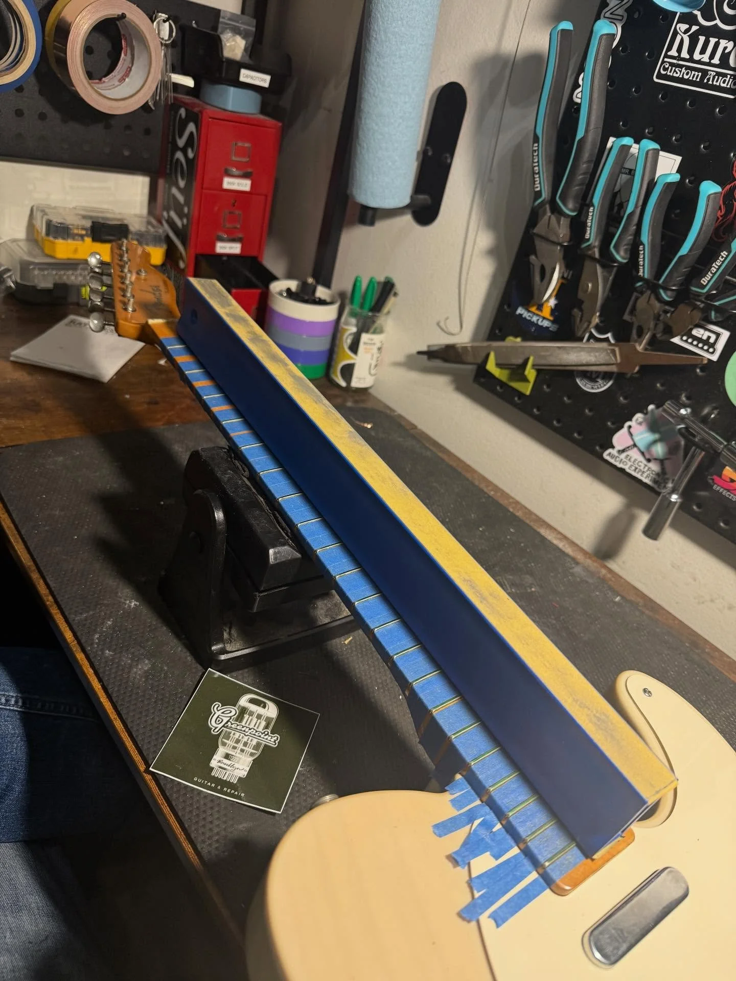 &ldquo;Please just make it sick&rdquo;, I love that 😎. This guy got a new bone but, fret level and crown, new wiring harness and new compensated bridge saddles. I&rsquo;ve been on the mend from having bronchitis so sorry if repairs have taken a litt