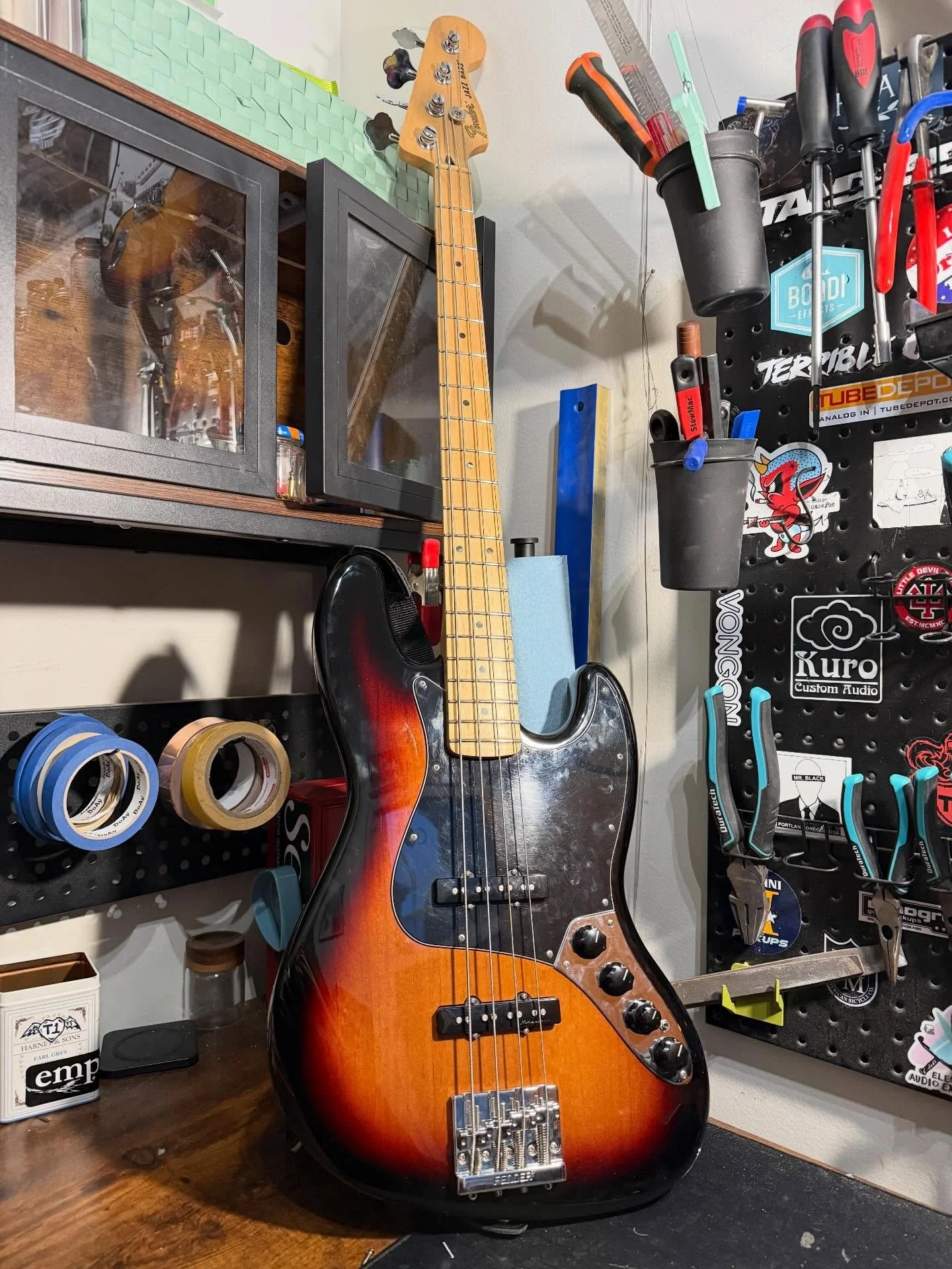 J bass with a cool bridge.