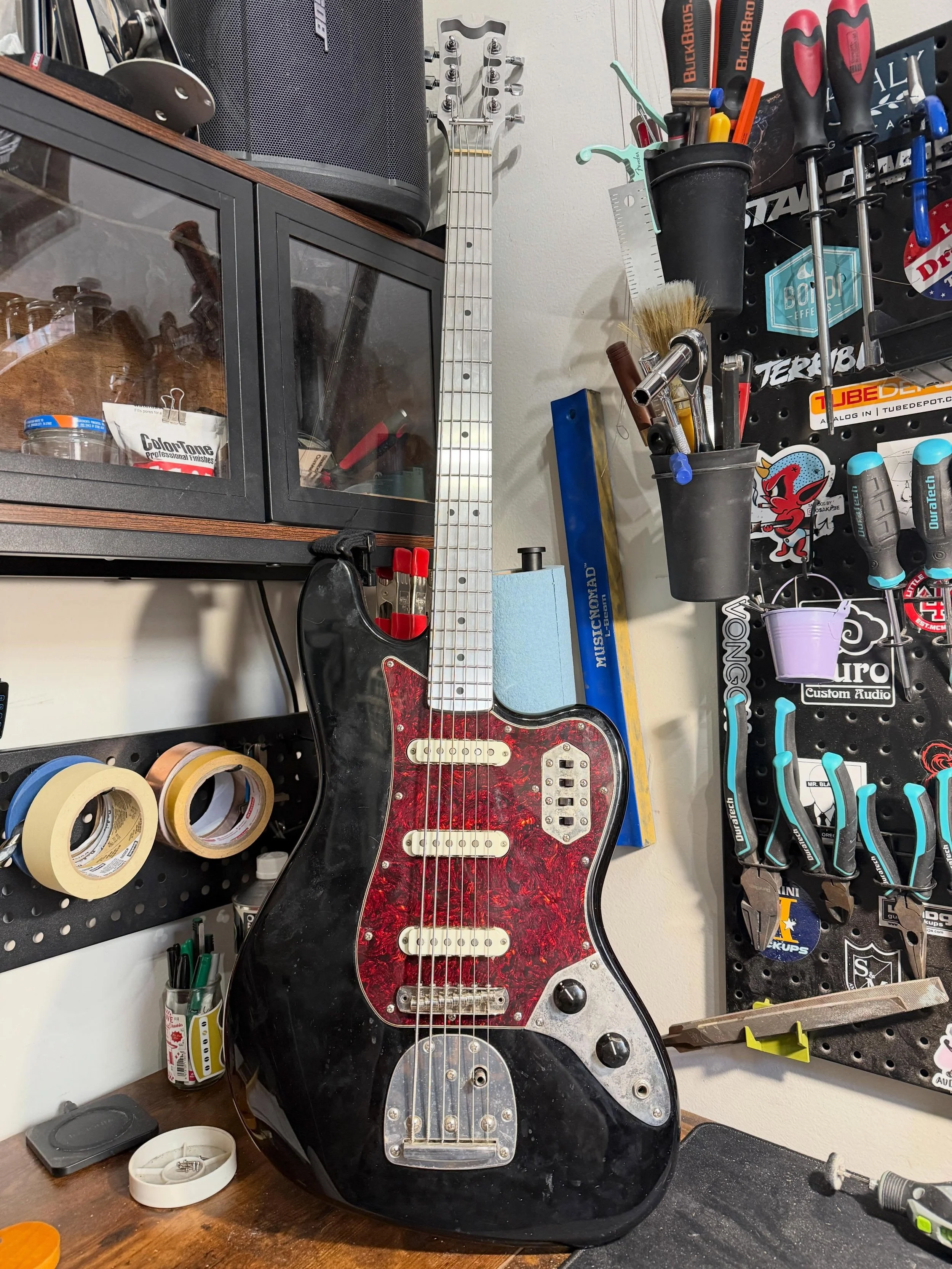Constantly losing guitars I&rsquo;m working on in my phone or forgetting to take pictures of them. Anyway, look at this mother fucker that input an aluminum neck on! 30&rdquo; scale Bass VI. I need one!