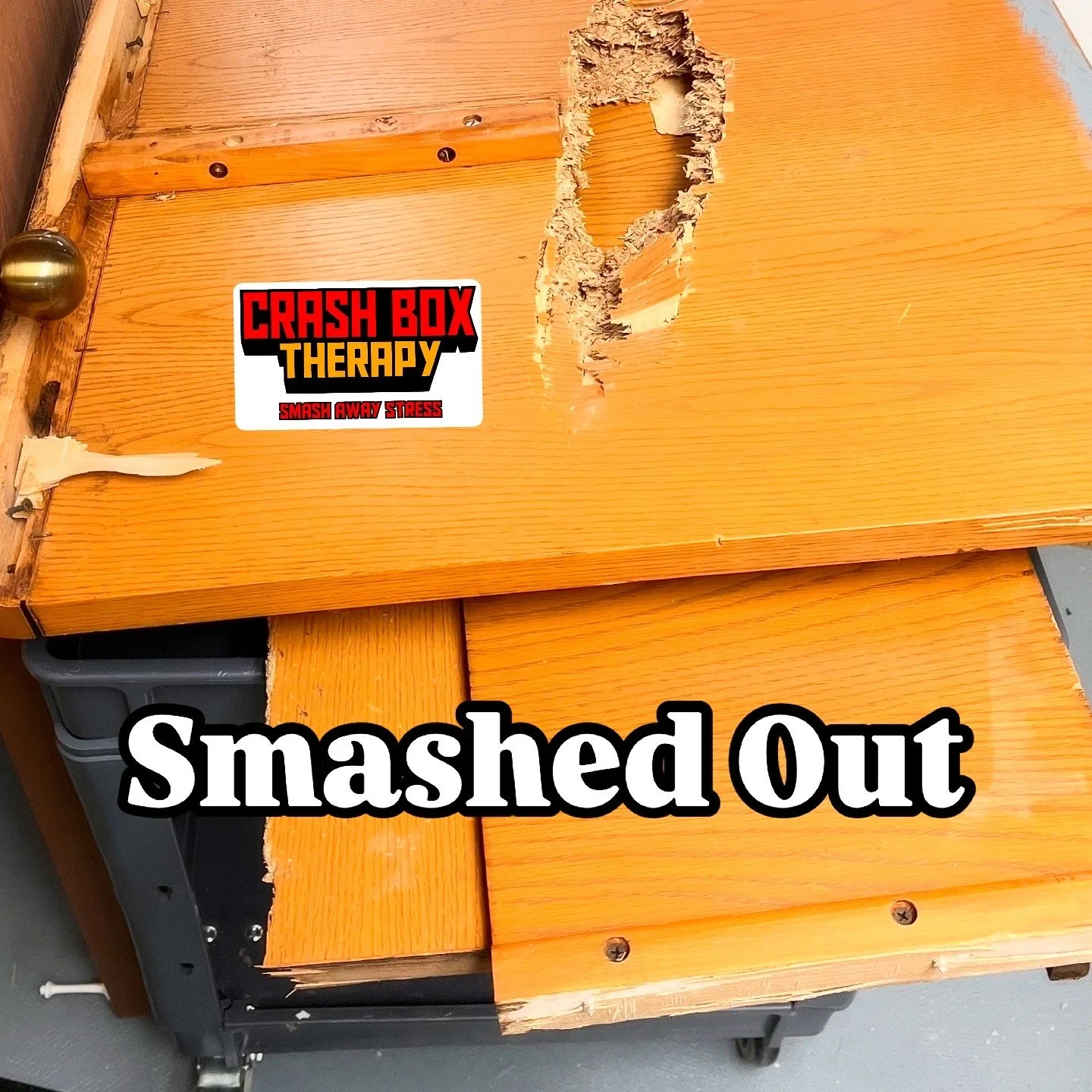 Desk Smashed at Crash Box Therapy. Smash Crash Break Room 