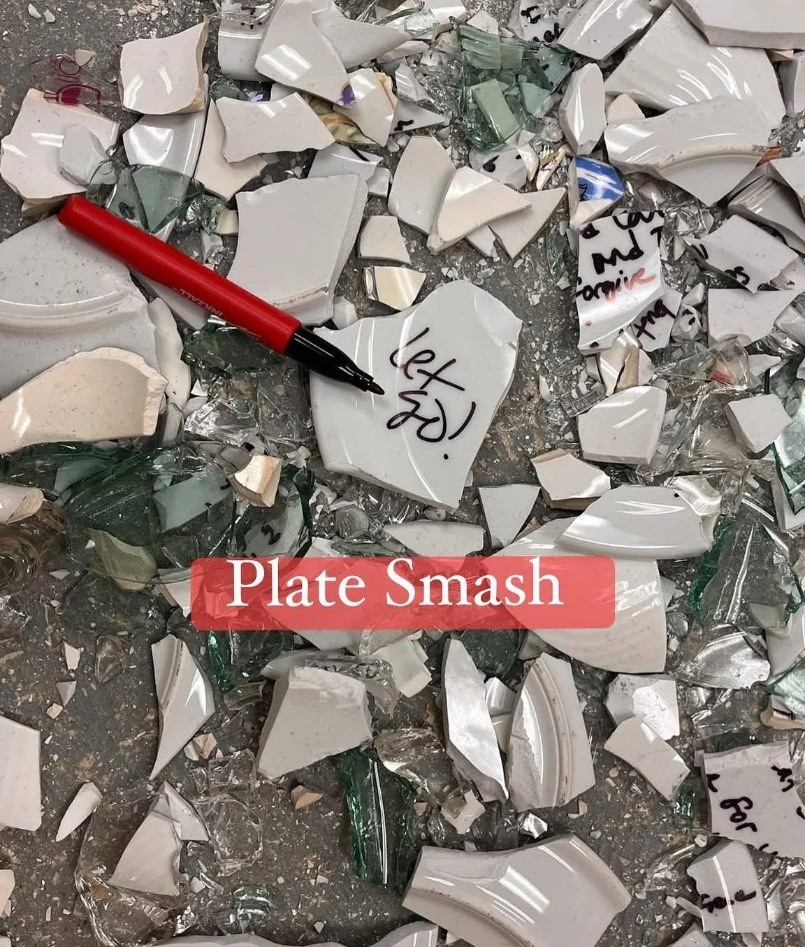 Broken ceramic plates and shards scattered on the ground with a red marker pen. There is a piece of ceramic with handwritten text on it and a red label reading 'Plate Smash' placed over the image.