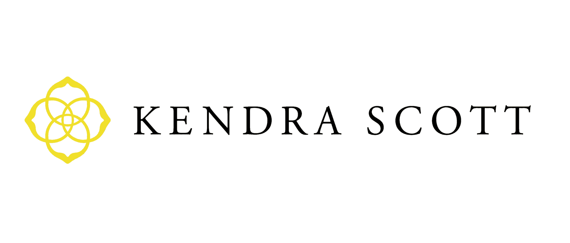 Kendra Scott logo with a yellow geometric symbol to the left of black text.