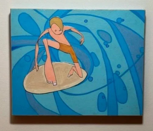 A cartoon drawing of a person surfing on a surfboard on blue water with waves.