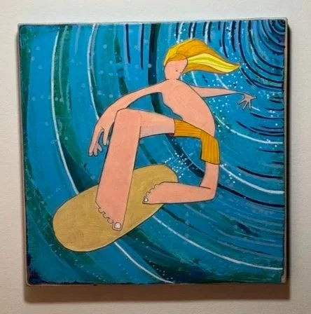 A painting of a woman surfing on a yellow surfboard, with long blonde hair and a yellow swimsuit, riding a large wave with blue and turquoise water.