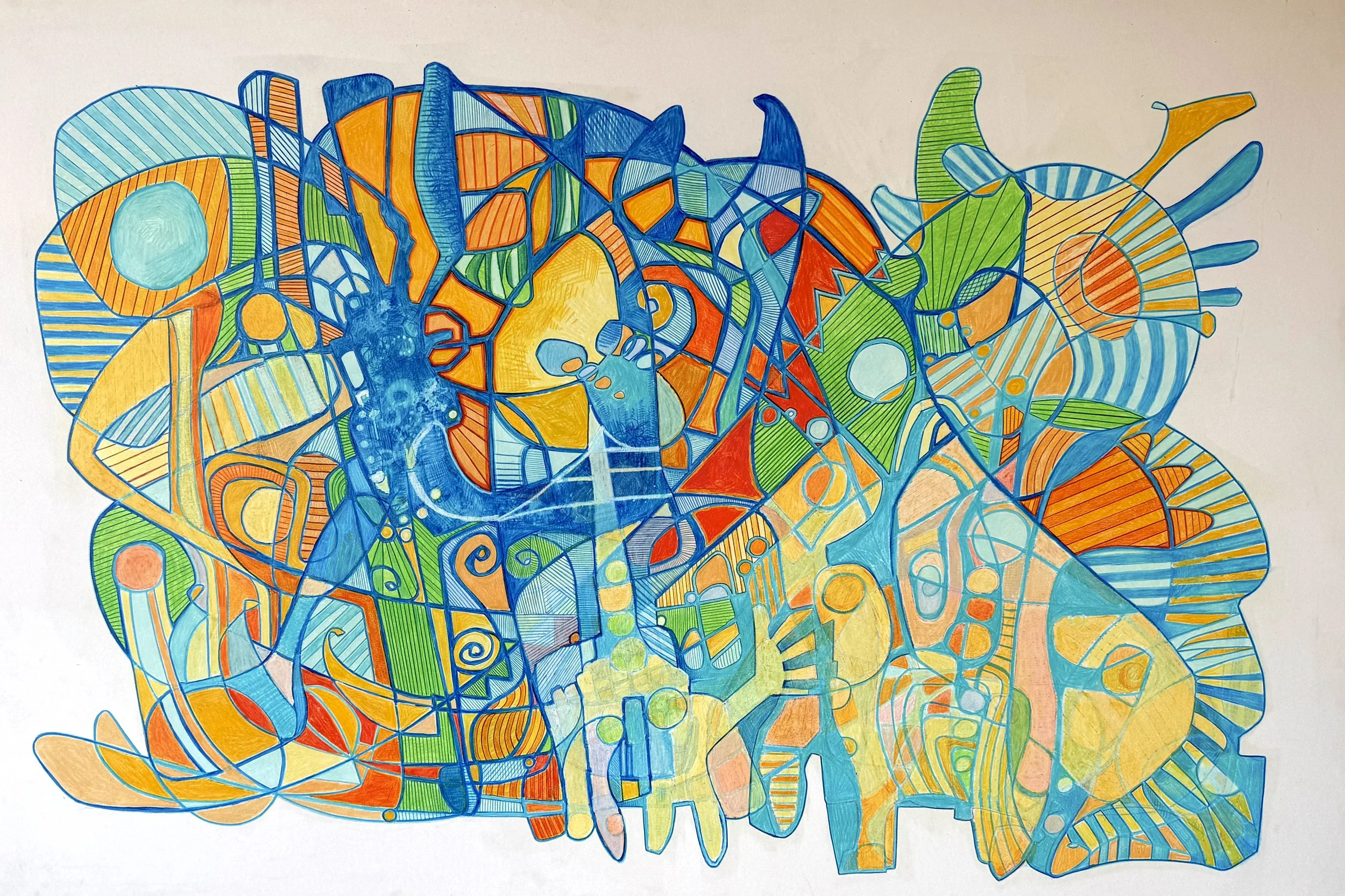 Colorful abstract line art of a fish with various geometric shapes and patterns in blue, orange, yellow, green, and red.