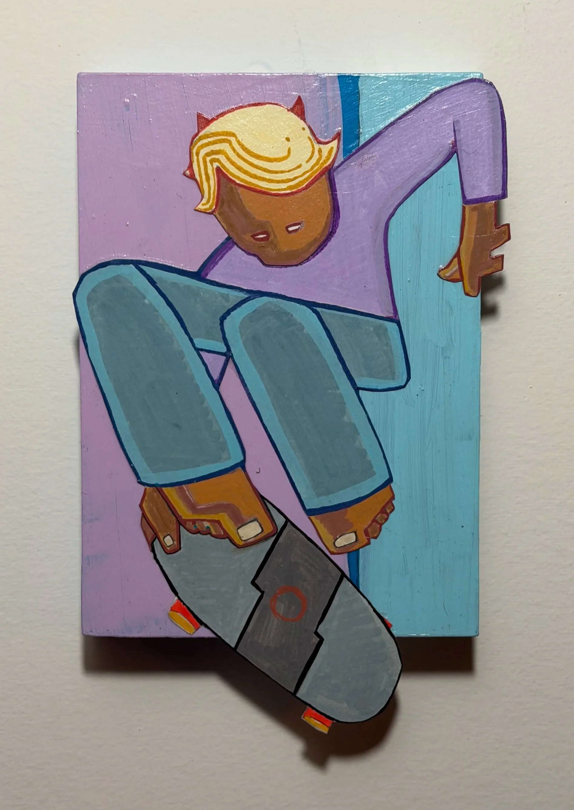 Colorful abstract artwork with a portrait of a person with blonde hair, wearing light blue pants, holding a gray object, set against a purple and blue background.