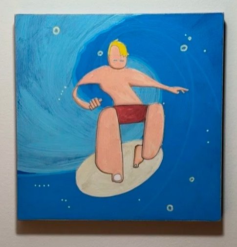 A colorful painting of a person with yellow hair surfing on a wave in the ocean.