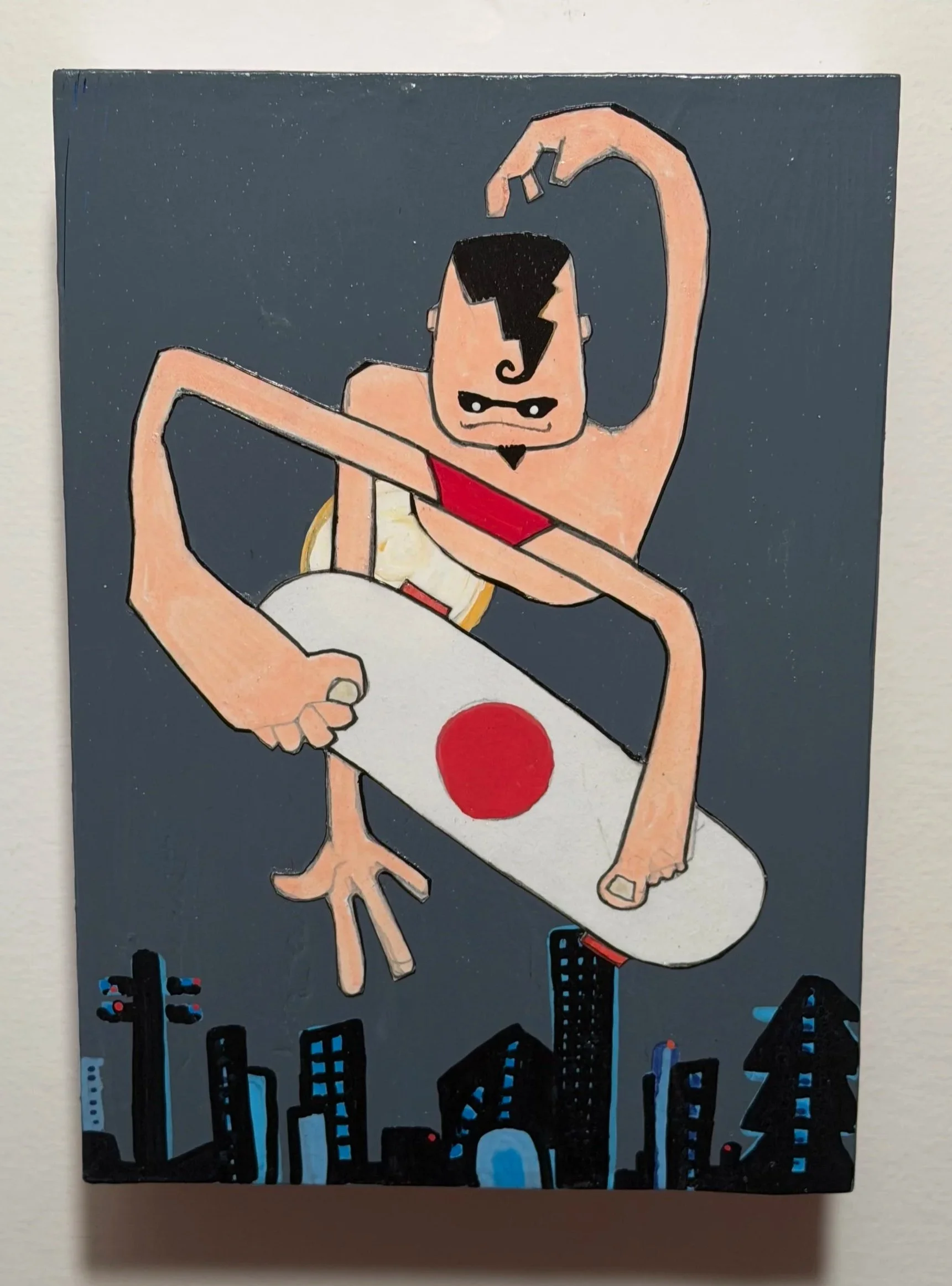 A painting of a muscular man with a square jaw and short black hair, flexing his arm in front of a city skyline at night, with a red dot on his chest.