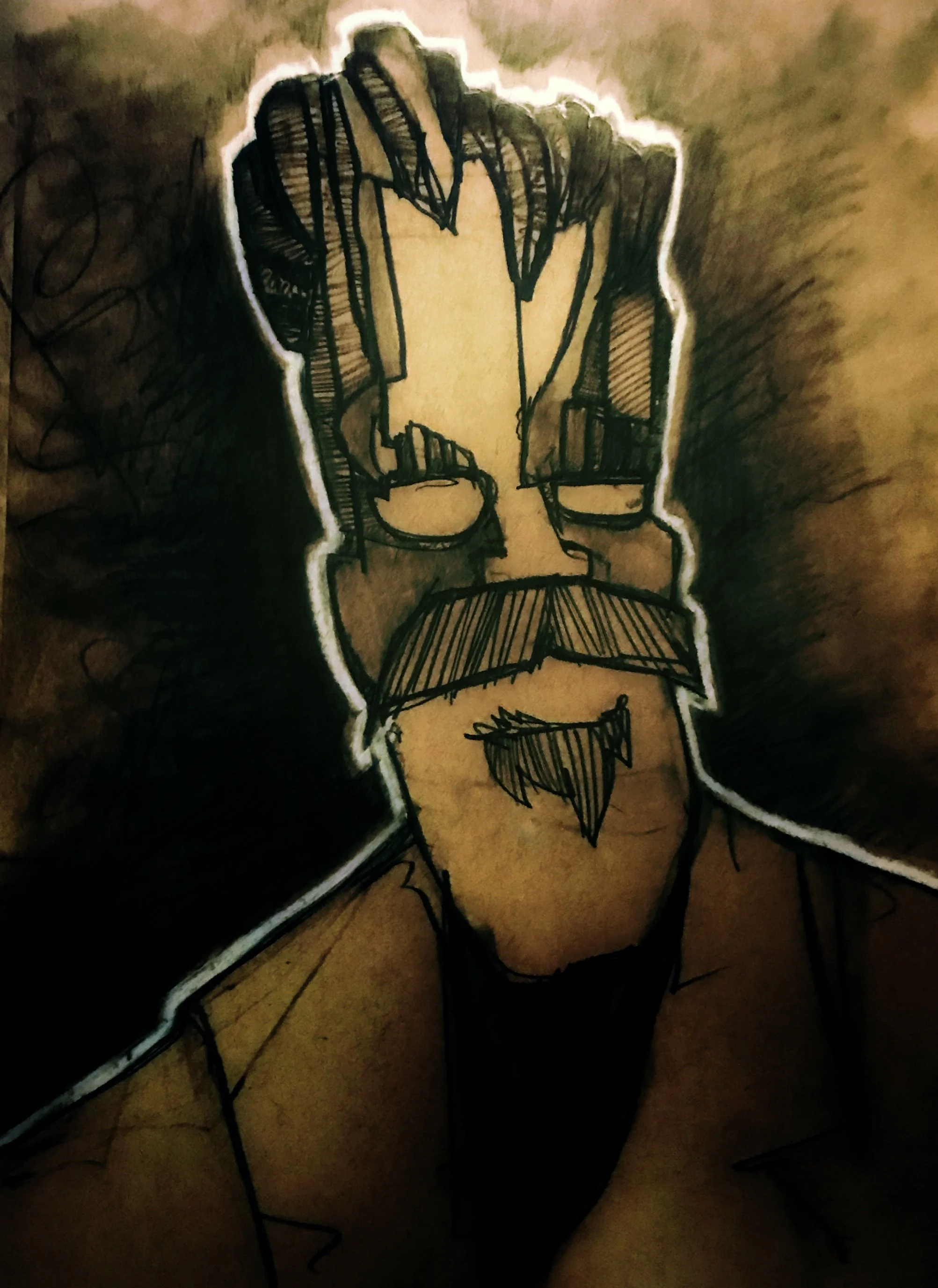 A sketch of a person's face drawn with black lines on a brown background. The face has glasses, situated between dark hair and a scarf. The drawing has a glowing white outline.