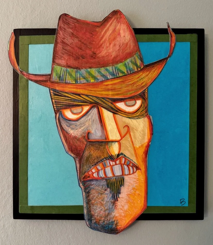 Colorful abstract art of a man's face with a hat, set against a blue background.