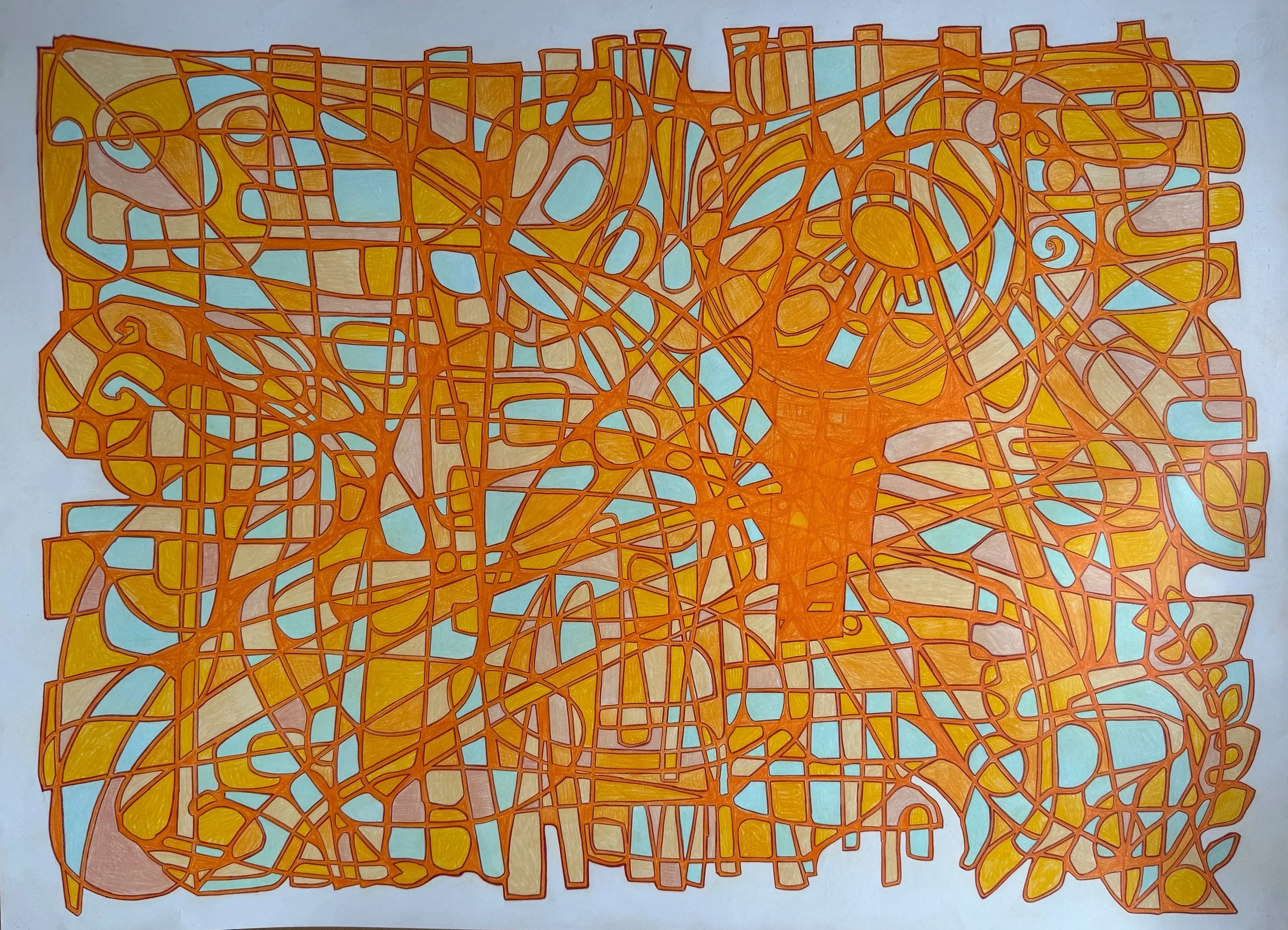 Hand-drawn map of a city with streets outlined in orange, filled with shades of yellow, beige, and light blue areas representing different regions or zones.