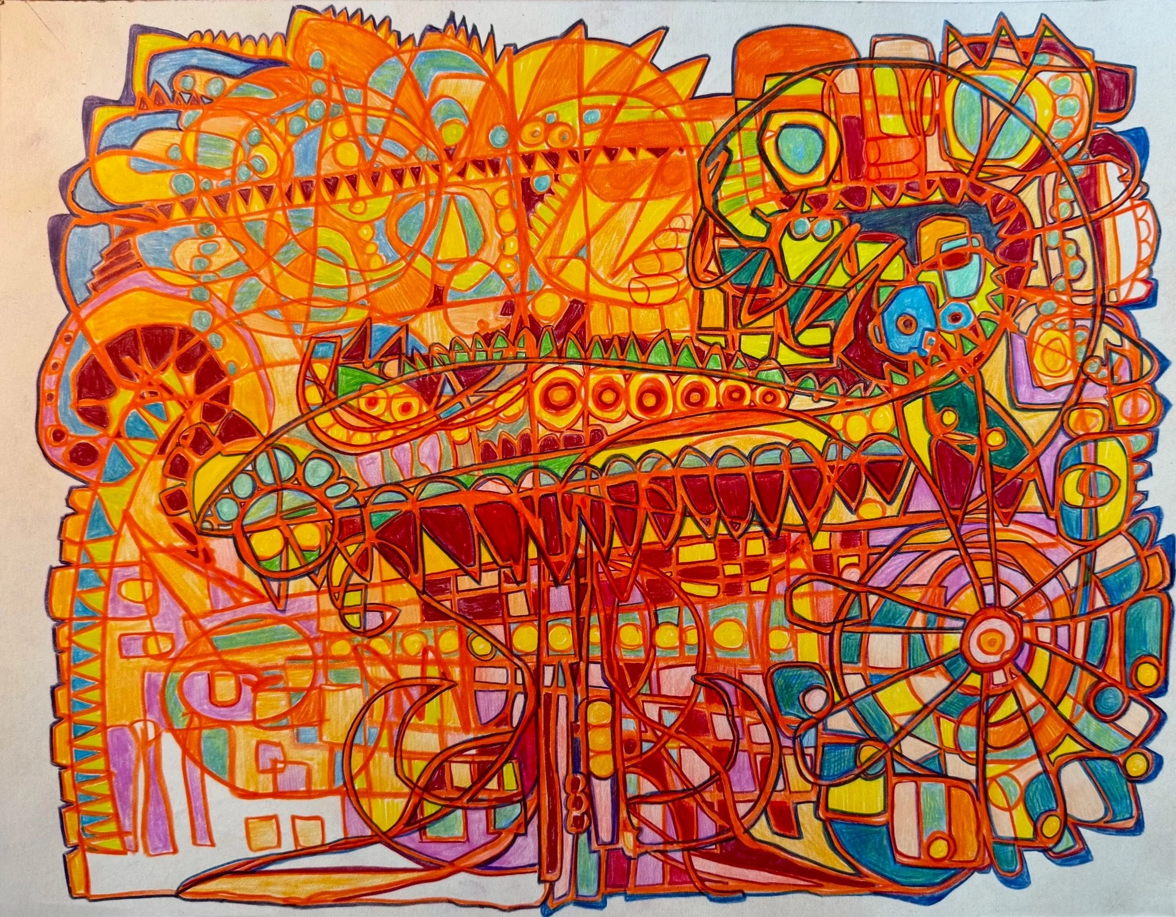 Colorful abstract drawing with orange, yellow, purple, green, blue, and red geometric shapes, lines, and patterns.