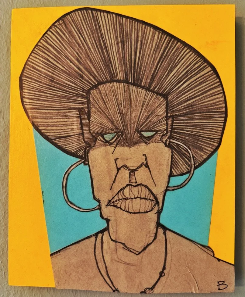 A colorful drawing of a woman with large hoop earrings, a large wide-brimmed hat, and a serious expression. The background features yellow and light blue colors.
