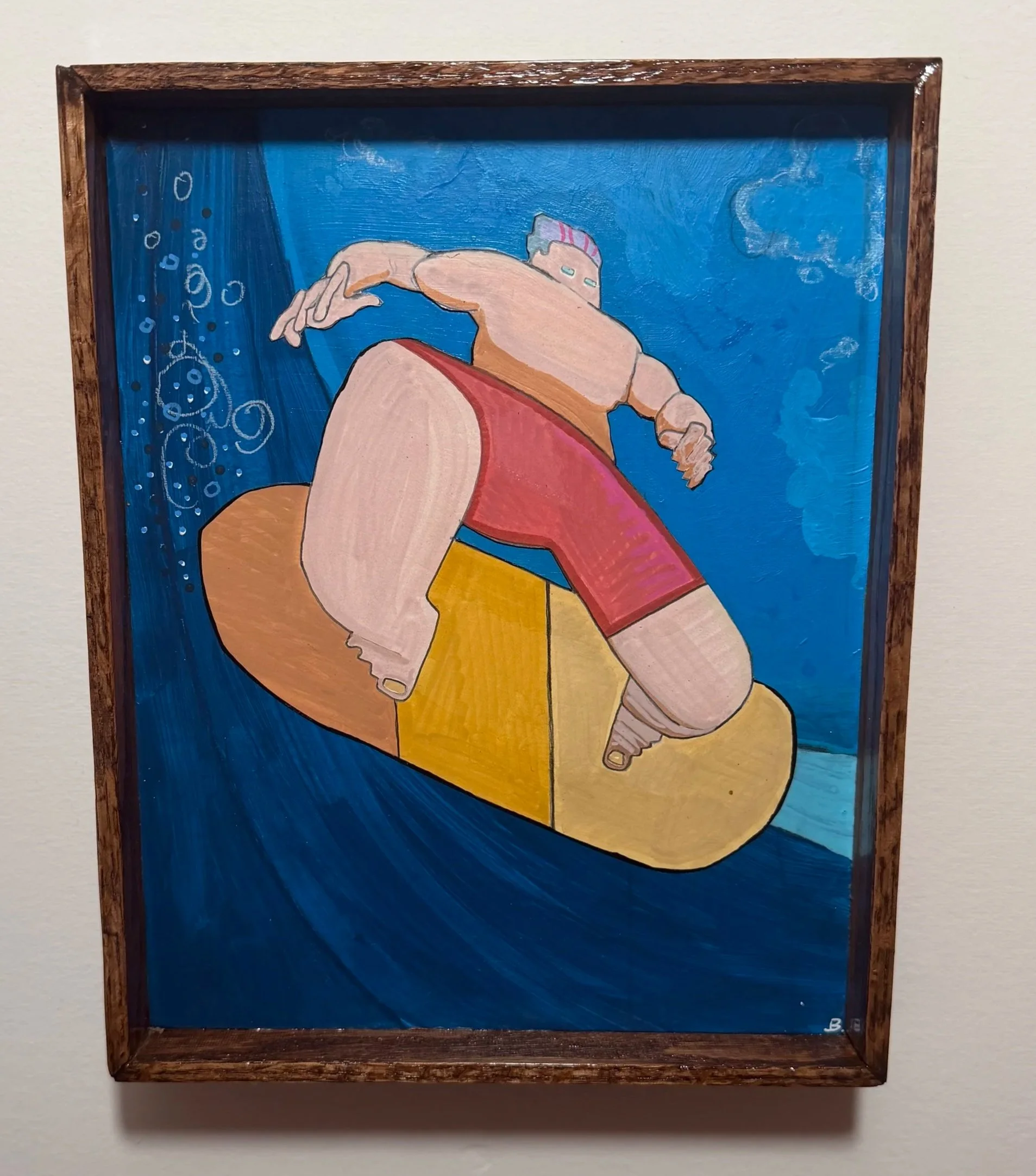Painting of a woman with short hair swimming underwater, viewed from below, with bubbles around her.
