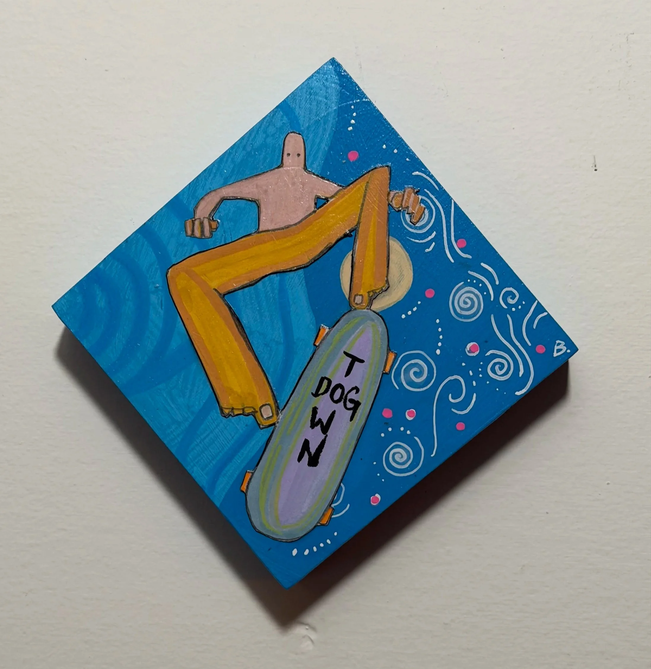 Colorful artwork of a person with a blank face, holding a surfboard, standing on a yellow circle against a blue background with swirling patterns and pink dots.