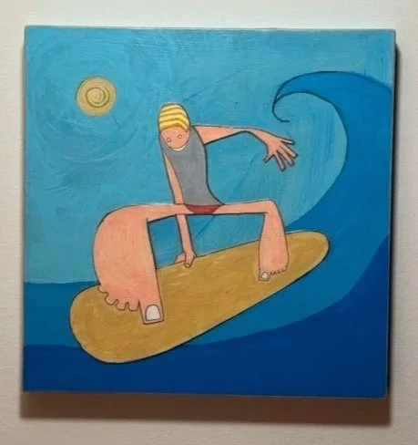 A colorful painting of a person surfing a large wave on a yellow surfboard under a yellow sun in the sky.