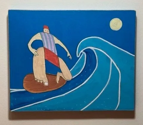 A surfer wearing a striped shirt and red shorts riding a surfboard on a wave with a yellow moon in the sky.
