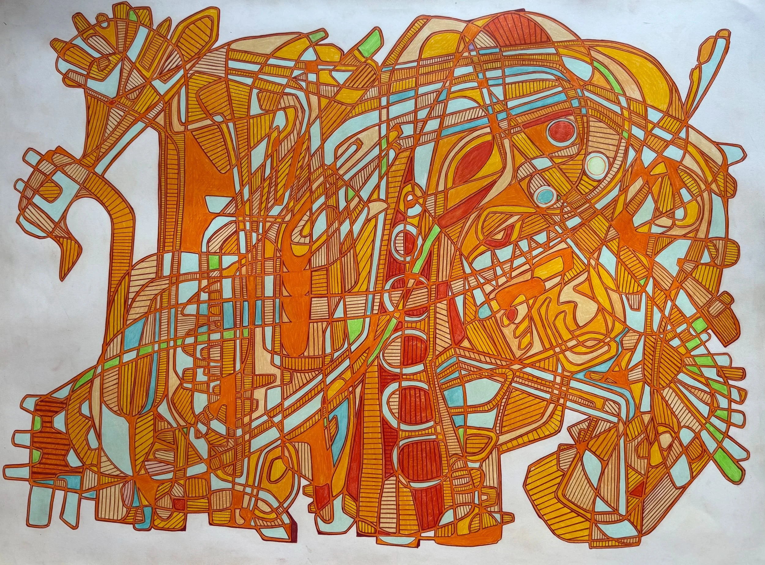 Colorful abstract artwork resembling a map with orange, yellow, green, and blue lines and shapes on a white background.