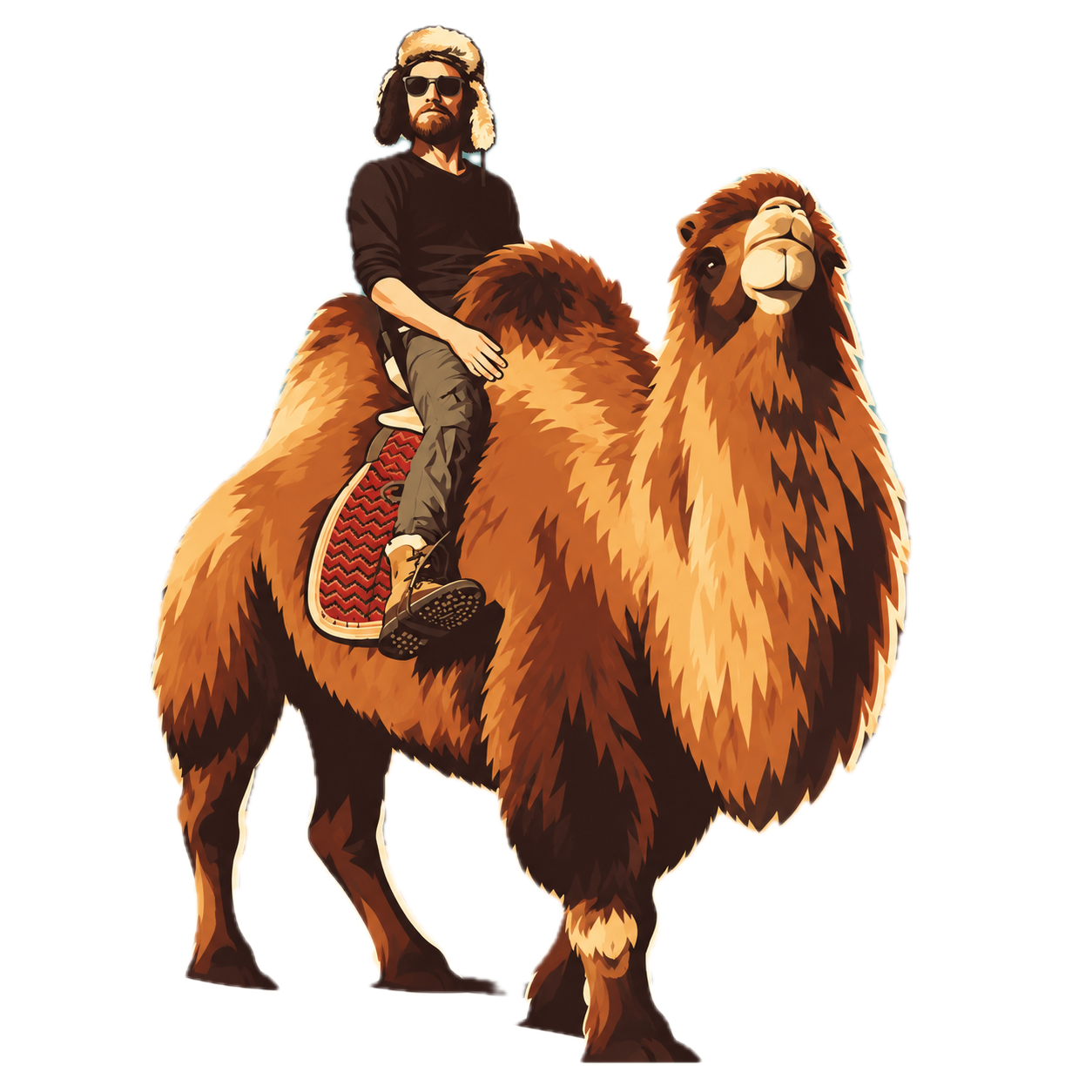 A man riding a large, animated camel with a majestic, fluffy appearance, set against a transparent background.