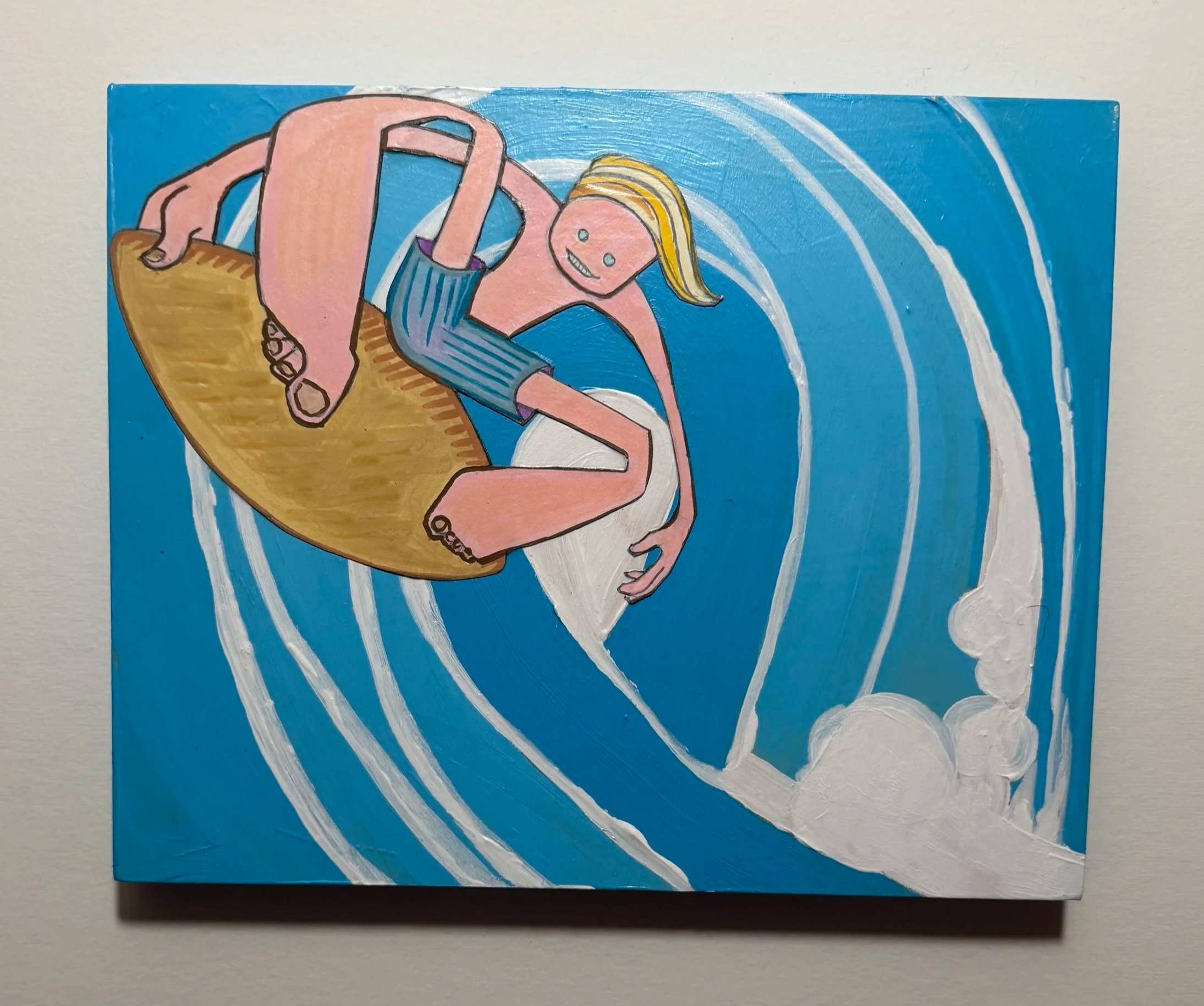A colorful abstract painting of a girl with blonde hair, sitting on a large brown hand, against a blue background with white swirling lines and cloud shapes.