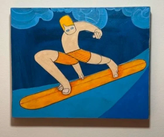 A cartoon painting of a person with blonde hair surfing on an orange surfboard, wearing orange striped swim trunks, beneath a blue sky with clouds.