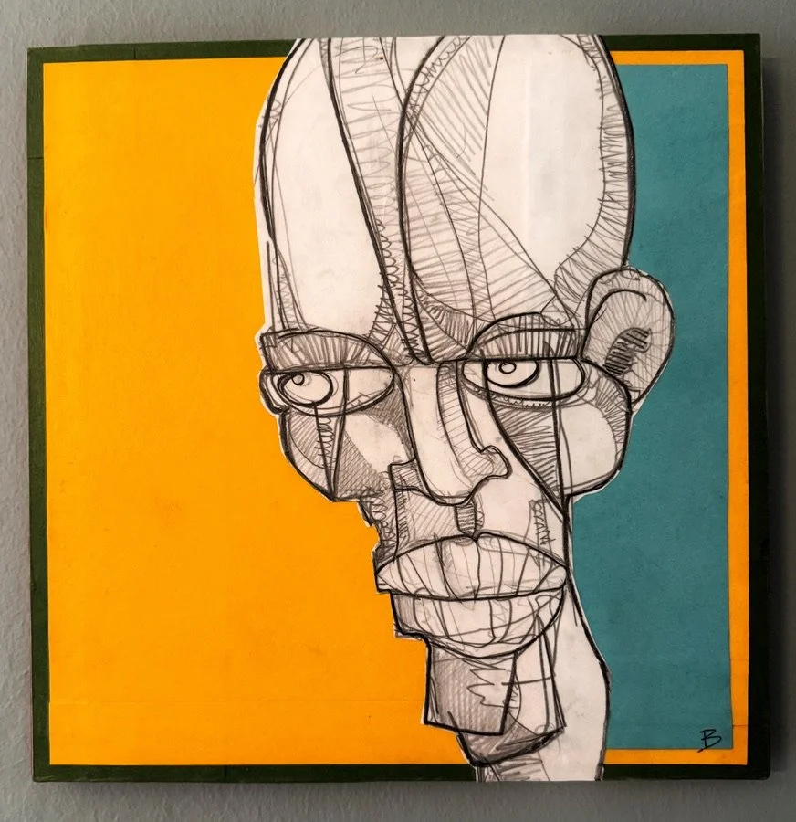 A colorful abstract artwork featuring a sketch of a man's face over a background divided into yellow and blue sections.