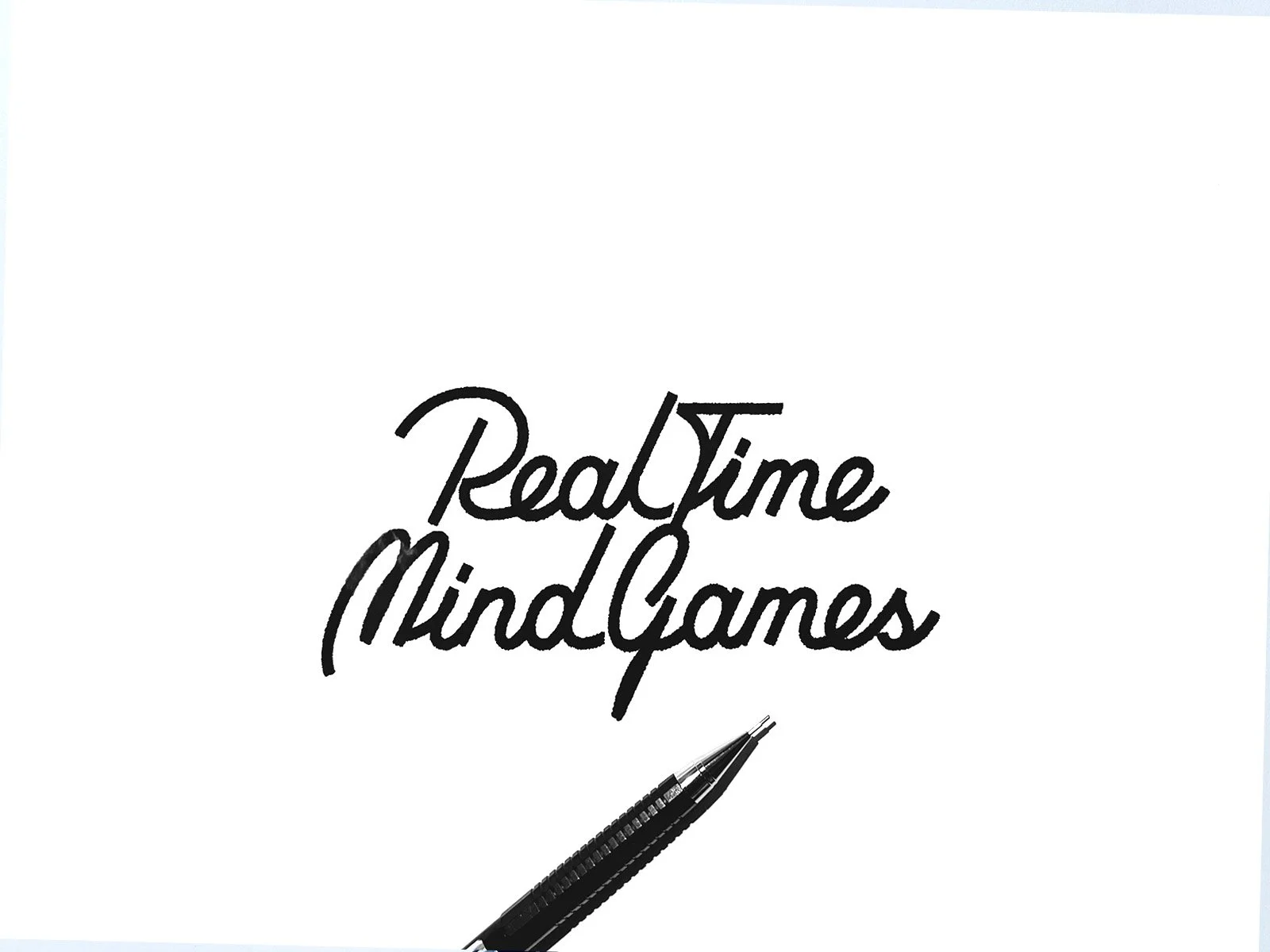 Logo with the text 'Real Time Mind Games' in black script font and a black pen graphic at the bottom.
