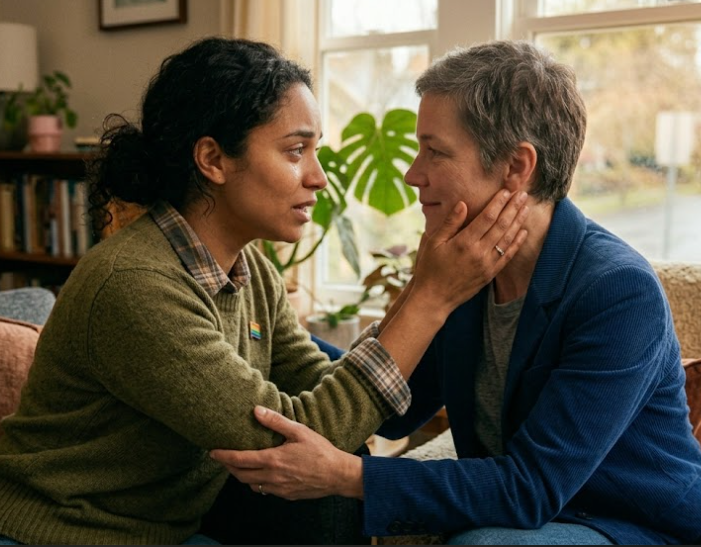 Two people reconnecting after conflict through healthy communication and emotional repair
