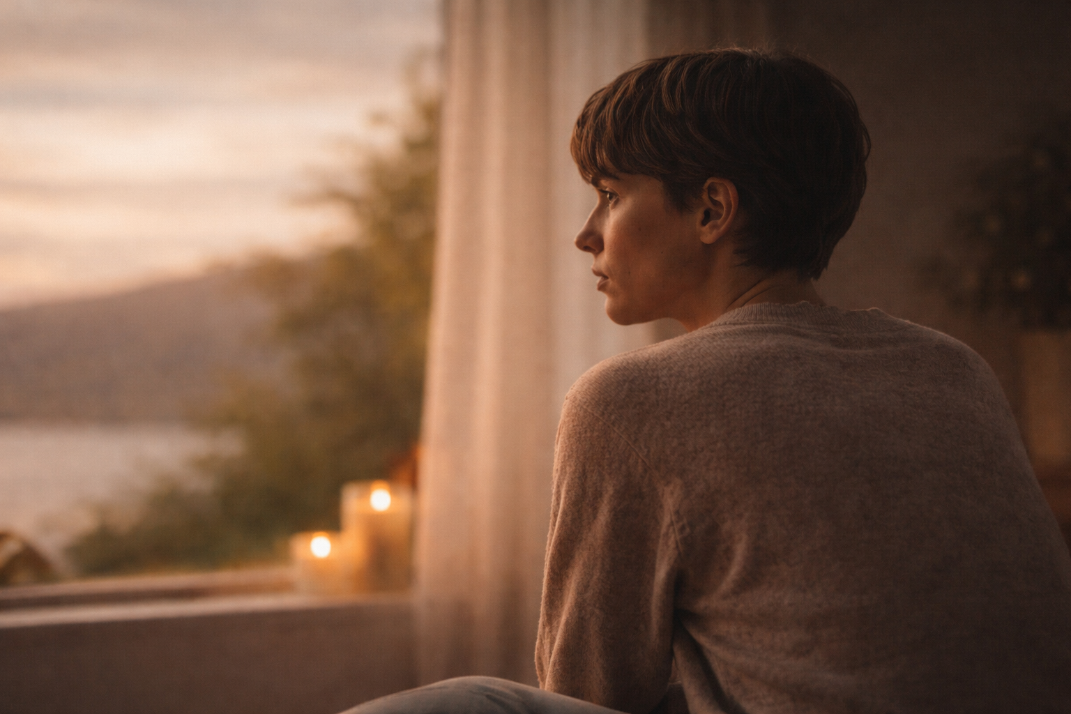 A person sitting quietly by a window at sunset, looking outward with a tense, watchful posture that suggests slowing down feels emotionally risky rather than fully restful.