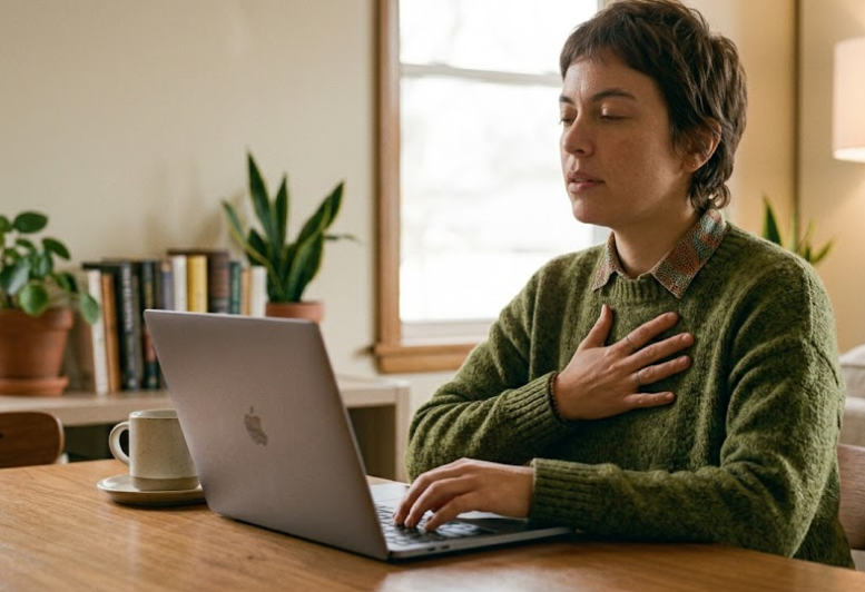 LGBTQIA+ adult pausing before sending a message, illustrating the connection between nervous system responses and setting healthy boundaries.