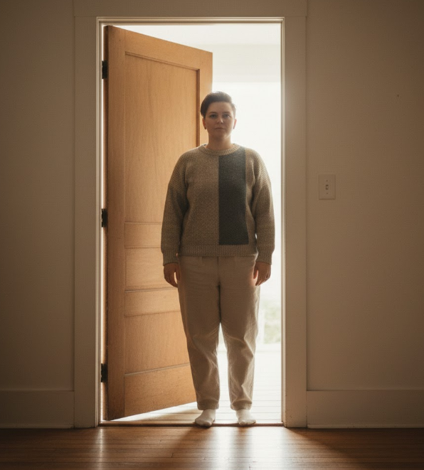 LGBTQIA+ adult confidently setting boundaries with family members.