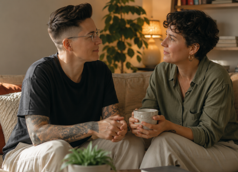 LGBTQIA+ couple demonstrating respectful communication and emotional safety.