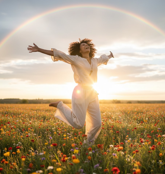 A person standing in a sun-drenched wildflower field with arms outstretched and a look of pure liberation. They are wearing bright, comfortable clothing, laughing at the sky, and surrounded by golden hour sunlight and vibrant green hills.