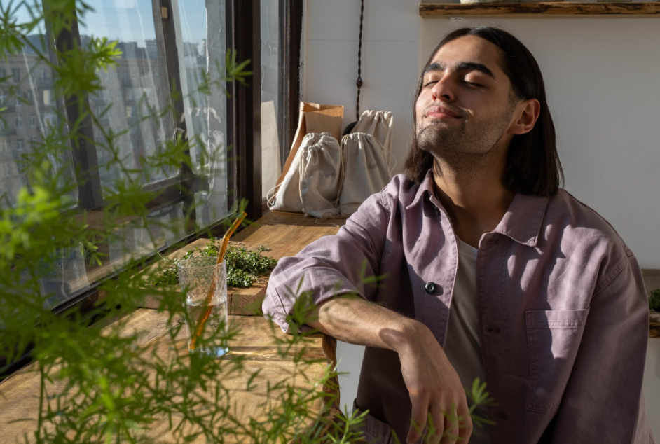 Person sitting peacefully by a sunlit window with eyes closed, enjoying a quiet moment of relaxation and reflection.