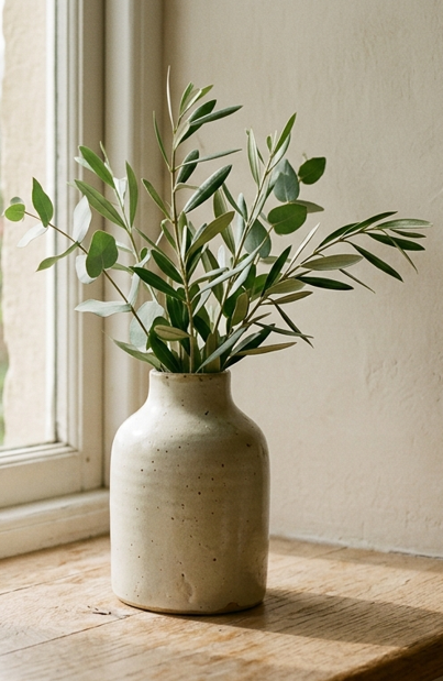 Minimal vase with green leaves by a window, representing a calm and grounded space for anxiety and overthinking therapy