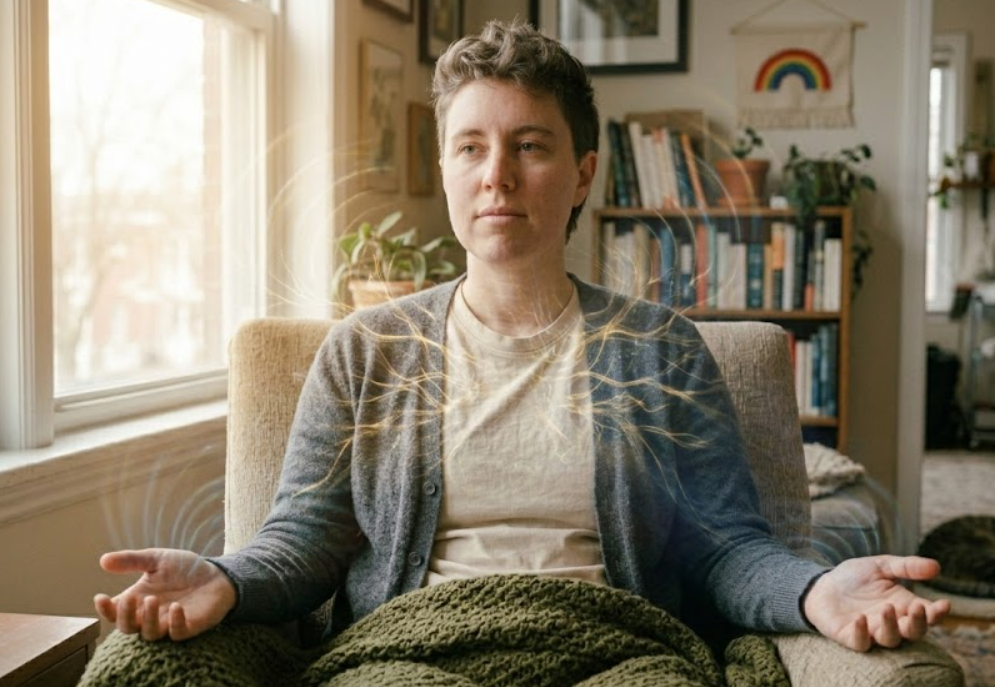 Person sitting calmly while regulating physical anxiety response after asserting a boundary