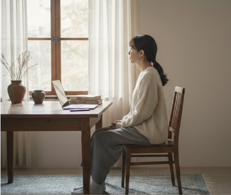 A person sitting at a table indoors with a device nearby, in soft natural light and a quiet atmosphere.