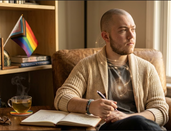 LGBTQIA+ adult reflecting on personal growth and relationship patterns, representing the gap between intellectual insight and nervous system healing through Brainspotting.
