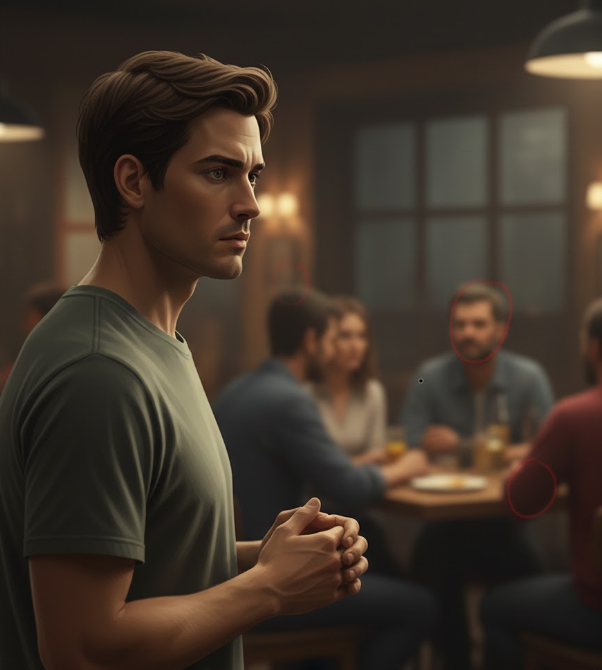 A thoughtful man in soft profile observing a blurred group of people in a muted, hazy forest, representing hypervigilance and the quiet assessment of social safety through body language and patterns.