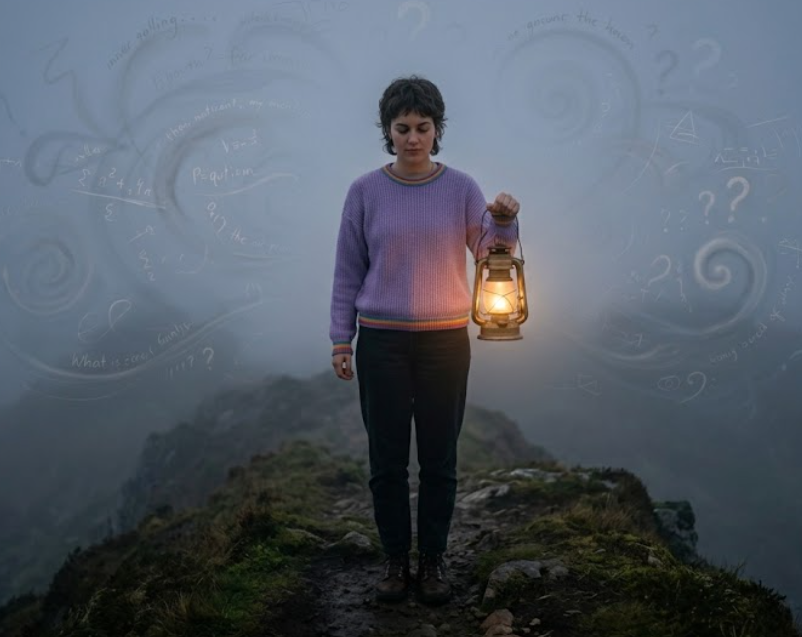 Person standing calmly in uncertainty while relying on inner emotional guidance and self trust